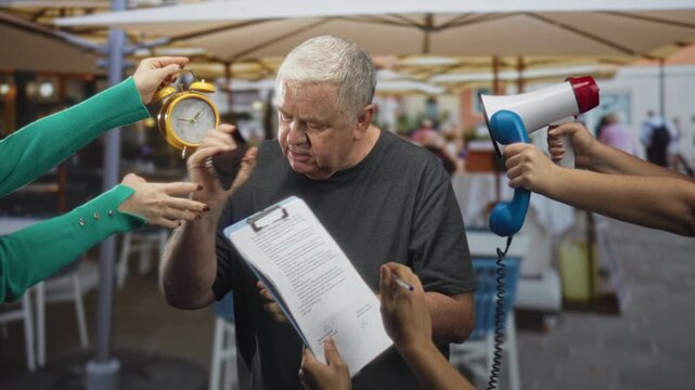 Man at street cafe holds phone to ear and points finger while clipboard, alarm clock and megaphone are thrust toward him; stress pressure urgency.
