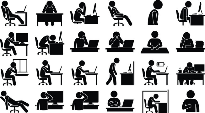 Set of stick figure with computer work, icons of people in different poses while working