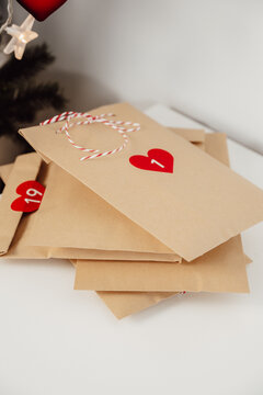 christmas advent calendar craft bags near christmas tree