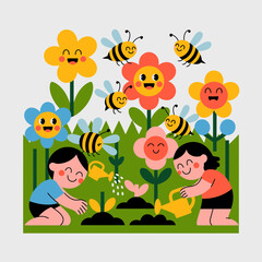 Naklejka premium Charming children tending a vibrant flower garden with buzzing bees, a delightful digital illustration of nature's harmony.