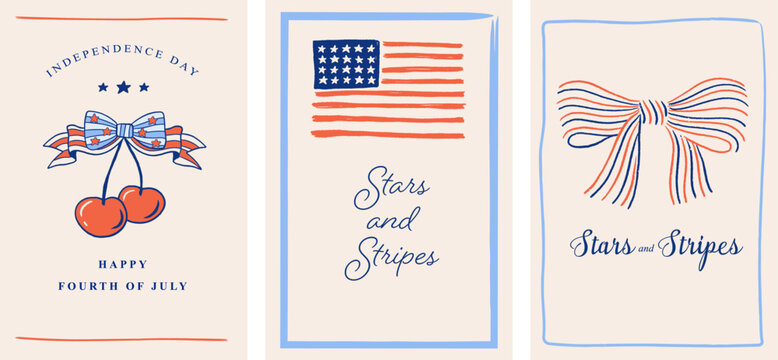 Hand drawn vintage posters, cards, fliers and banners for 4th of July, US Independence Day. Vector illustration with American flag, ribbon bows and cherries