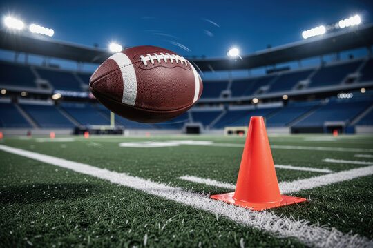 American football hovering above turf near orange training cone under stadium lights