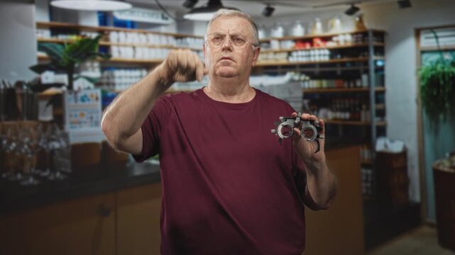 Man holding trial frame and pointing finger in an optician building during eyeglasses examination, visible testing gesture and instrument; precision testing concentration.