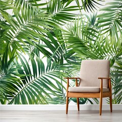 Fototapeta premium Decorative Chair in Front of Tropical Plant Wall Design in Bright Room Setting During Daylight Hours