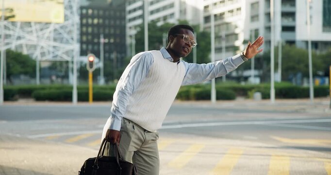 Travel, businessman and wave for taxi in street for cab stop, morning commute and work trip. Bag, happy black person and hands raised in city for hailing service, ride request and call for attention
