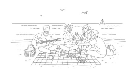 Obraz premium Friends enjoying a picnic on the beach, playing guitar and sharing food and drinks by the sea