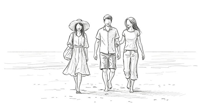 Minimalist black and white illustration of three friends, two women and a man, enjoying a relaxed walk along the seashore on a sunny day.