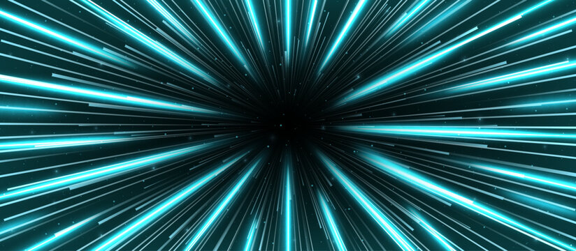 Realistic cyan hyperspace travel tunnel background. Abstract with open space star warp. Speed of light journey concept. Vector illustration
