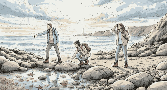 Friends exploring a rocky beach and discovering marine life in tide pools under a cloudy sky with a lighthouse in the distance.