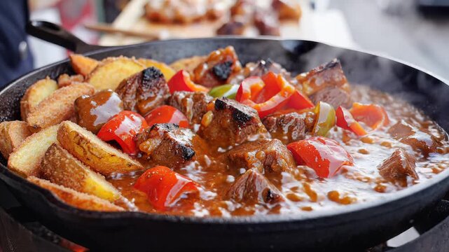 Hearty Beef Stew with Potatoes and Peppers Simmering in a Skillet.