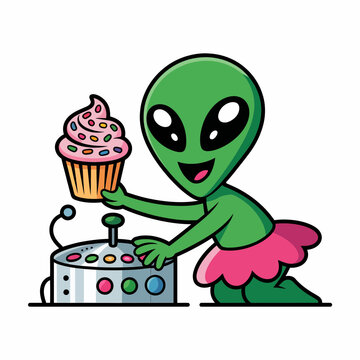 Playful green alien cheerfully baking a colorful cupcake in a retro-style kitchen, a vibrant digital artwork with a humorous and lighthearted mood.