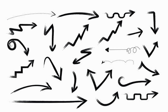 set of black  hand drawn black grunge style curved charcoal and chalk arrows.  Bold doodle arrows in white background, pointing in multiple direction , vector direction pointer for designer.
