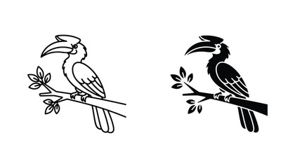Exotic hornbill bird perched on tree branch in outline and solid black filled vector style for wildlife nature education or tropical themed design elements on white background © Canvas