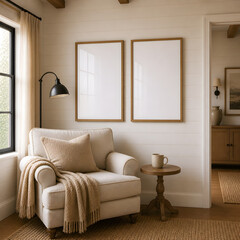 Fototapeta premium Farmhouse Interior Frame Mockup with Natural Light and Rustic Neutral Styling