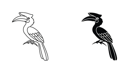 Hornbill bird icon set in thin line and solid black silhouette style for tropical wildlife projects © Canvas
