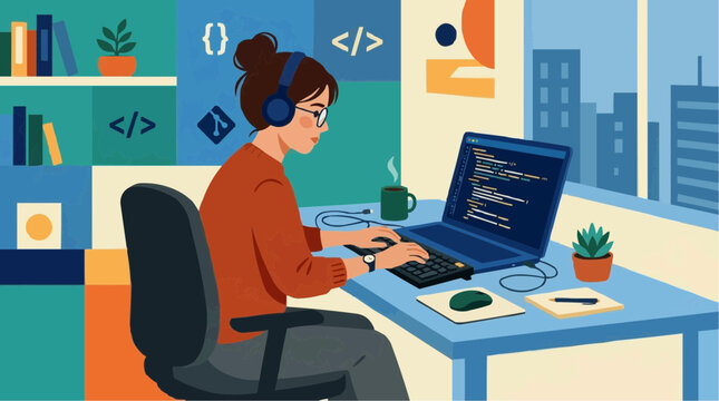 Coding at the Desk: Focused female coder in glasses with headphones meticulously working on coding project using the laptop, surrounded by books and coding symbol. 