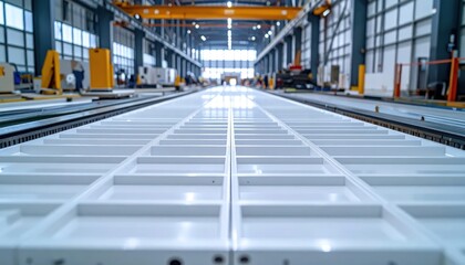Naklejka premium Modern Industrial Warehouse Interior with Long White Floor Grid.