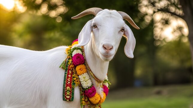 White goat decorated with colorful floral garlands for celebration