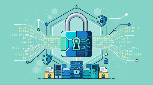 Digital Fortress: A symbolic representation of data protection, featuring a secure padlock at the center, signifying robust cybersecurity measures. 