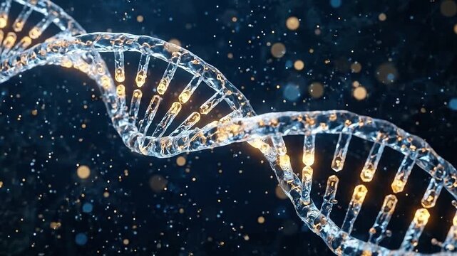 Glowing DNA double helix structure with gold particles on dark background