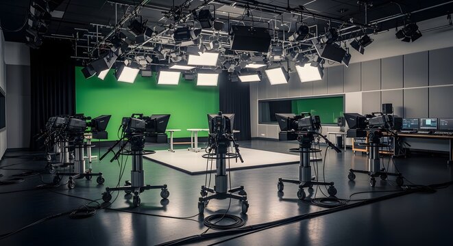 A television studio with professional cameras and lighting equipment arranged around a green screen
