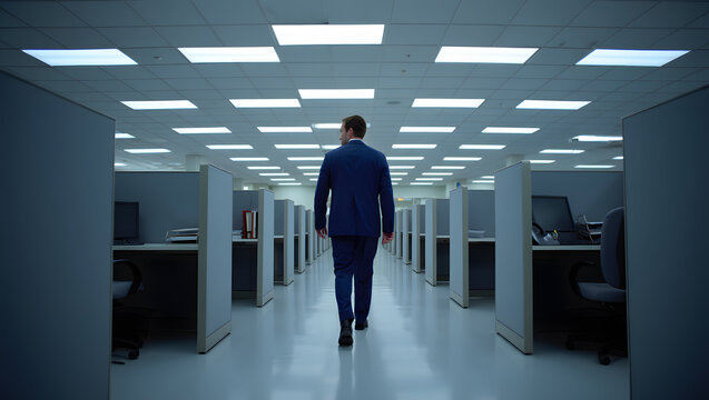 Businessman walking down a long office hallway with cubicles on both sides