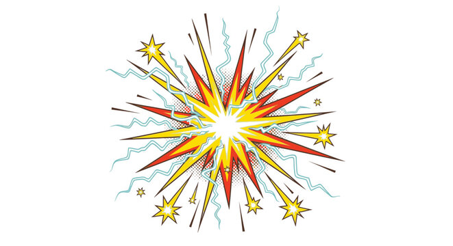 Bright comic book style explosion with radiating lines and sparks on a white background