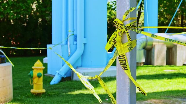 Workers placed caution tape around the water tower and fire hydrant. The scene shows a green area where maintenance is underway. Bright colors contrast with the surroundings.
