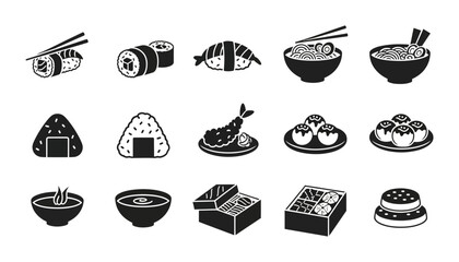 15 Japanese Food Silhouette Icons Sushi Ramen Bento Onigiri, Solid Black Style, Restaurant Menu © pixostudio
