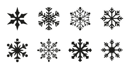 8 Snowflake silhouette icons set, solid black style, winter holiday seasonal decoration shapes © pixostudio