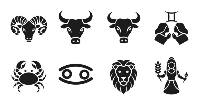 8 Zodiac silhouette icons ram bull twins crab lion virgin, solid black style, astrology set