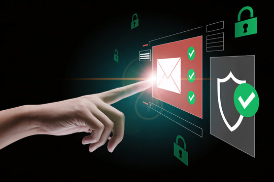 Secure email concept with hand clicking on protected message icon, cybersecurity and privacy
