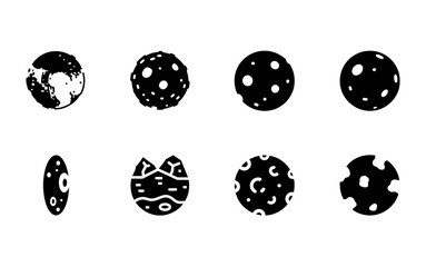 8 Planet silhouette icons earth moon craters, solid black style, astronomy space science set © pixostudio