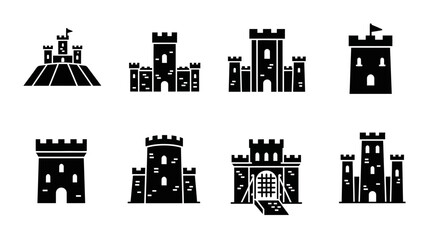 8 Medieval Castle silhouette icons towers flags gates, solid black style, architecture history set © pixostudio
