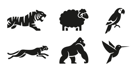 6 Wild Animal silhouette icons tiger gorilla sheep parrot cheetah hummingbird, solid black style, zoo fauna © pixostudio