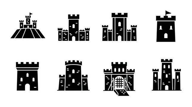 8 Medieval Castle silhouette icons towers flags gates, solid black style, architecture history set