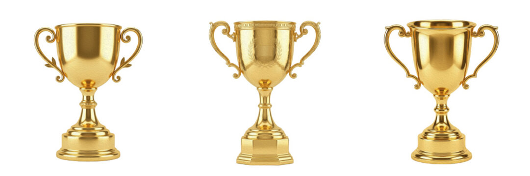 Set and collection of golden trophy cup isolated on white background