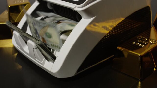 Money count in motion. Gold bars and US dollars. Dollars counting action. Banking operation with money and gold. Business concept with gold bar and money. Counting machine for money theme.