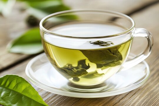 Freshly brewed green tea with leaves floating gently in a clear cup on a rustic wooden table