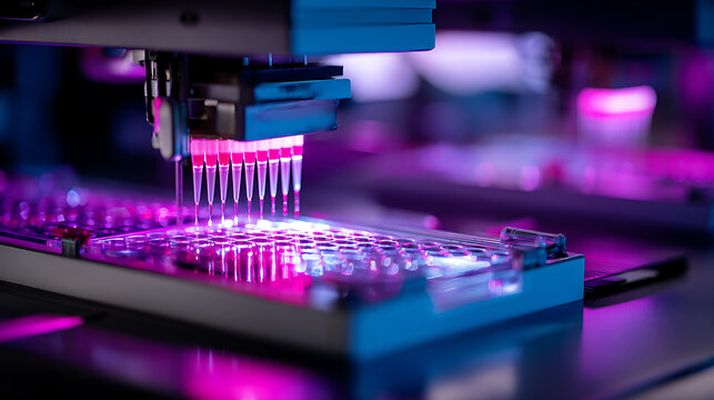 Automated Liquid Handling System Dispense Reagents into Microplate Wells for Scientific Research, Medical Diagnostics, and Drug Discovery in a Neon Light Laboratory