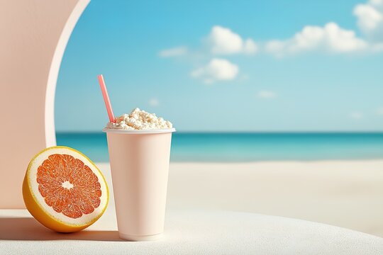 Refreshing citrus drink by the serene beach on a sunny day, perfect for relaxation and enjoyment