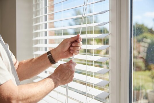 Person hands pulling cords to open white horizontal window blinds on a sunny day at home