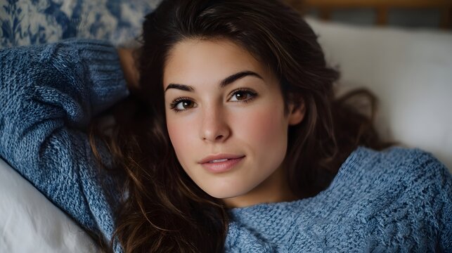 Portrait of a young woman wearing a cozy blue sweater while resting indoors capturing a moment of quiet reflection and natural beauty