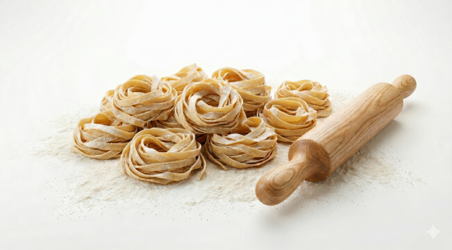 Nidi di tagliatelle fresche all'uovo con farina e mattarello in legno. Generative AI