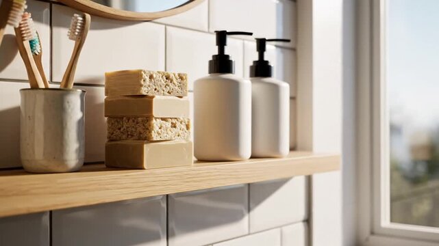 Sustainable bathroom products on shelf by window with natural light