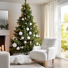 Obraz premium Christmas Tree Decorated With White Ornaments Near Cozy Chair and Fireplace in Living Room