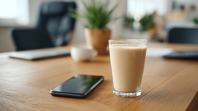High angle shot featuring a refreshing milky beverage and modern smartphone resting on a warm wooden table in a bright professional office workspace