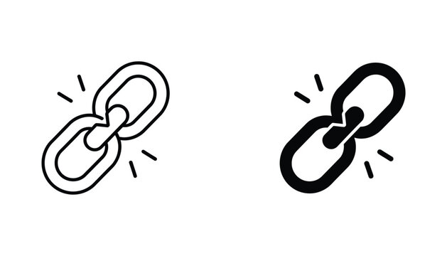 Broken link chain vector icon set in outline and solid black for web and connectivity concepts