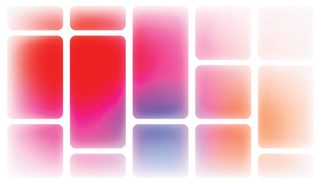 Abstract composition of rounded rectangular tiles with soft pink, red, and blue gradients