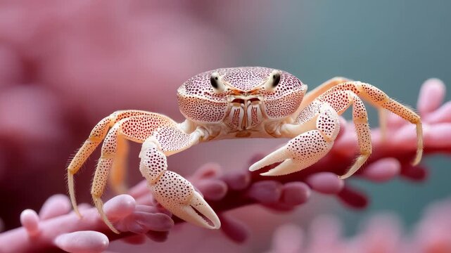 Closeup of a crab moving gracefully on vibrant pink coral reef